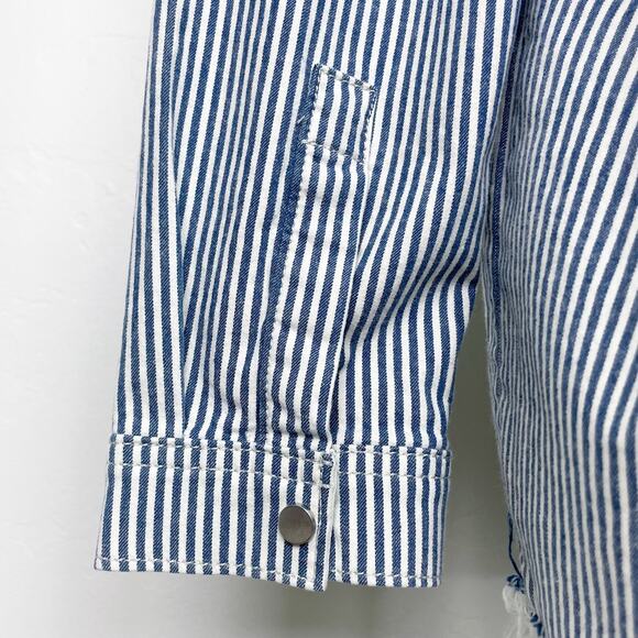 Mavi Livia Oversized Striped Raw Hem Cotton Denim Shacket Shirt - Picture 6 of 12